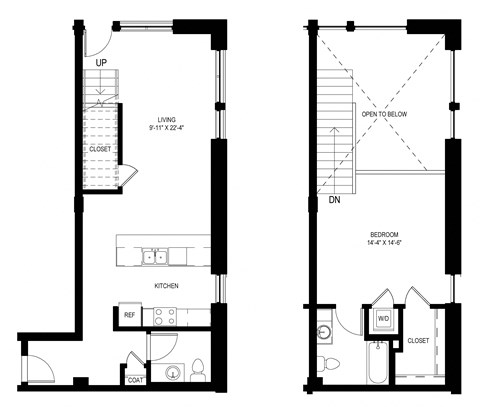 Floor plan for 1 bed, 2 baths, 1035 sqft